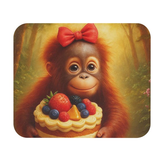 Orangutan with Fruit Tart Mouse Pad | Cute Baby Ape Illustration