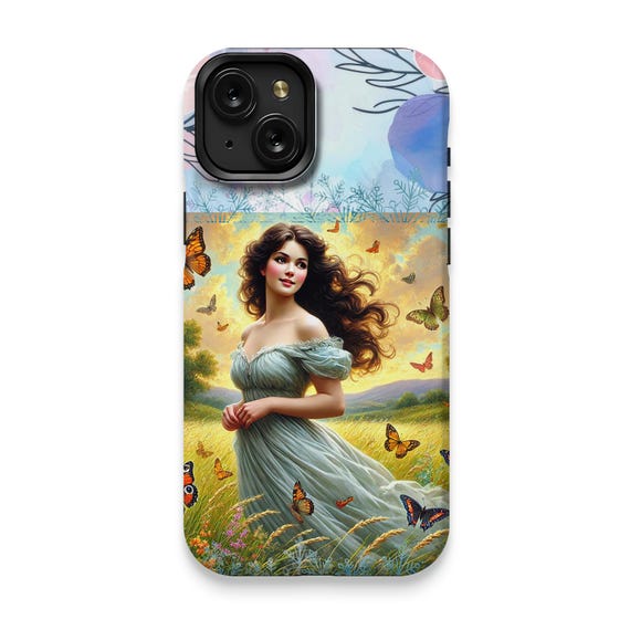 iPhone 15 Glossy Case: Artistic Woman with Butterflies Nature Scene
