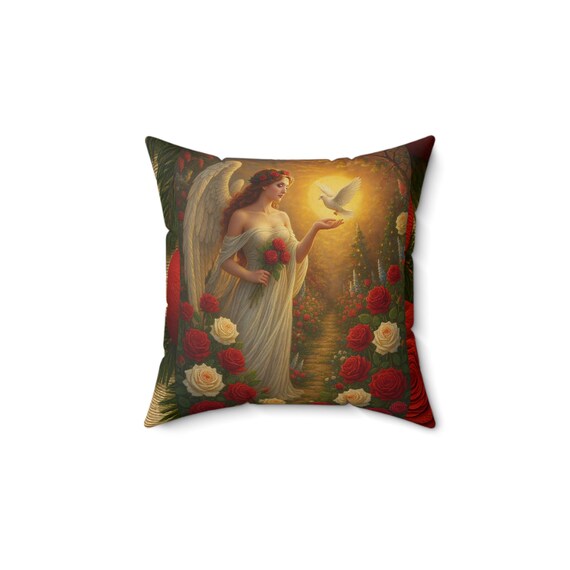 Angel & Dove Faux Suede Pillow, Double-Sided Print, Boho Accent Cushion