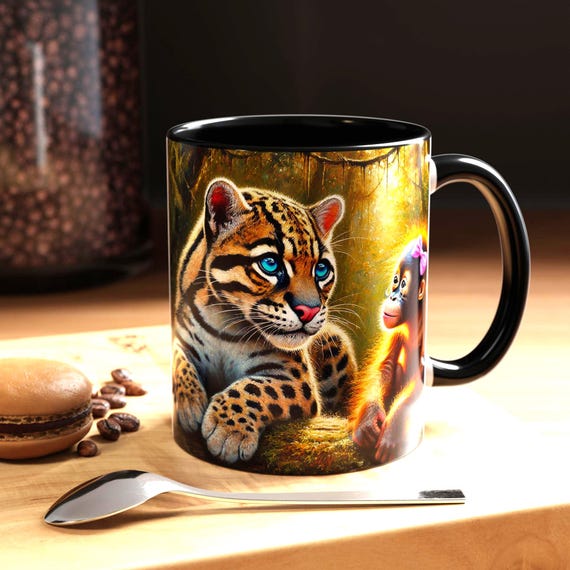 Ocelot & Monkey Ceramic Coffee Mug: Glossy Accent Mug