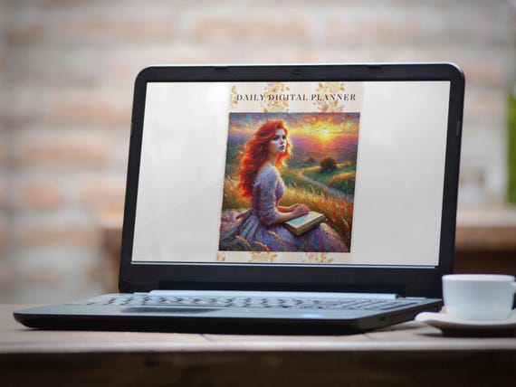 Digital Daily Planner With Fillable PDF Fields Featuring Romantic Sunset Art Girl With Book In Field | A4 & US Letter Self Care Organizer