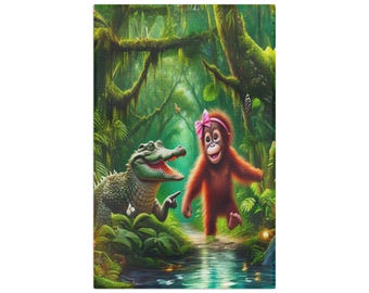 Jungle Friends Kitchen Towel, Funny Crocodile and Orangutan Art