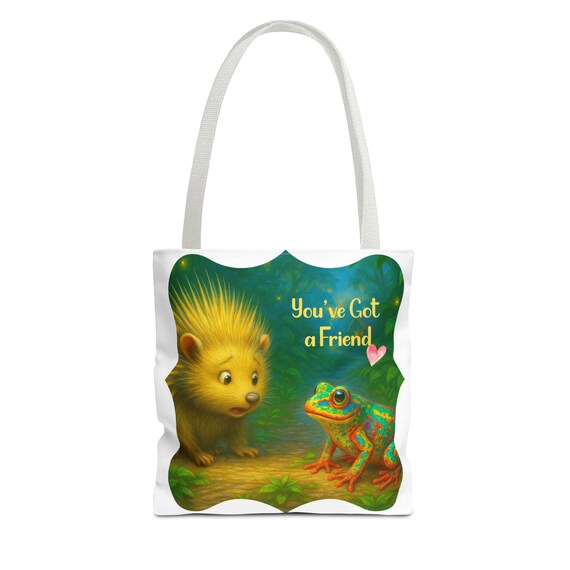 Friendship Porcupine and Rainbow Toad Tote Bag, Cute Animal Handbag, Colorful Carryall, Reusable Shopping Bag, Gift for Nature Lover,