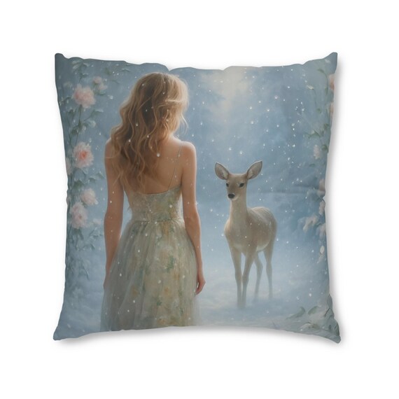 Winter Forest Pillow: Girl and Deer Square Floor Cushion