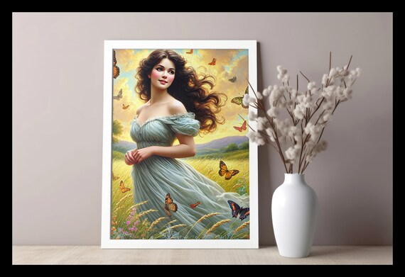 Butterfly Field Canvas Wrap: Romantic Woman Nature Art