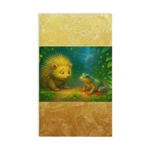 May include: A rectangular decorative towel featuring a whimsical illustration of a hedgehog and a frog in a forest setting. The hedgehog has yellow quills, and the frog is green and red. The top and bottom sections have a gold, textured pattern.