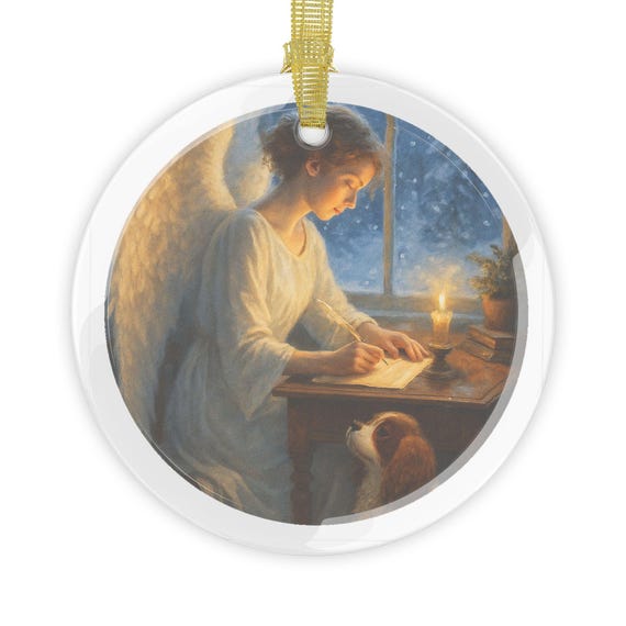 Writing Muse Glass Ornament: Angel with Puppy, Literary Christmas Decor