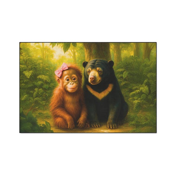 Orangutan and Bear Illustration Floor Mat | Woodland Animal Nursery Rug