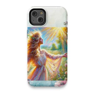 Bellissima custodia lucida premium per iPhone 14+, design artistico di una donna illuminata dal sole, protezione di alta qualità per il telefono, regalo unico, colori sbalorditivi
