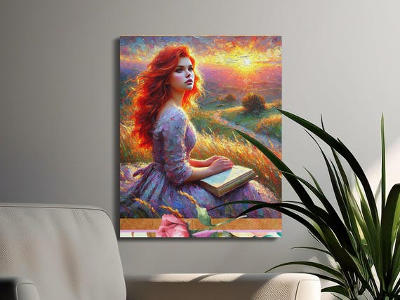 Sunset Scenery Canvas Art: Woman Reading in Field Landscape