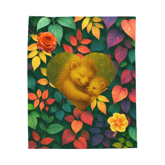 Mama and Baby Hedgehogs Heart Velveteen Plush Blanket | Floral Leaves Design