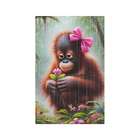 Orangutan with Pink Bow Tea Towel | Cute Baby Orangutan Holding Flower