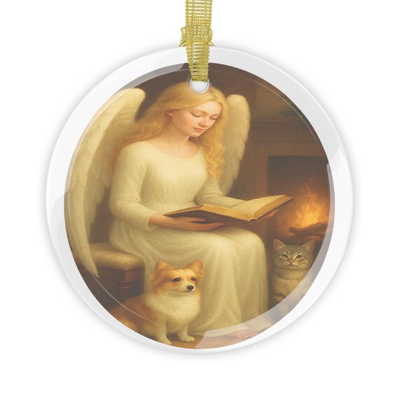 Glass Ornaments - Inspirational Angel, Reading with Pet Companions, Christmas Tree Decoration, Holiday Gift, Home Decor, Religious Ornament,