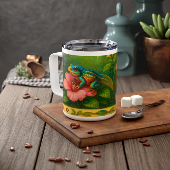 Lizard on Hibiscus Insulated Coffee Mug, Stainless Steel 10oz