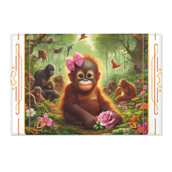 Baby Orangutan with Rose Area Rug | Nursery Jungle Animal Décor