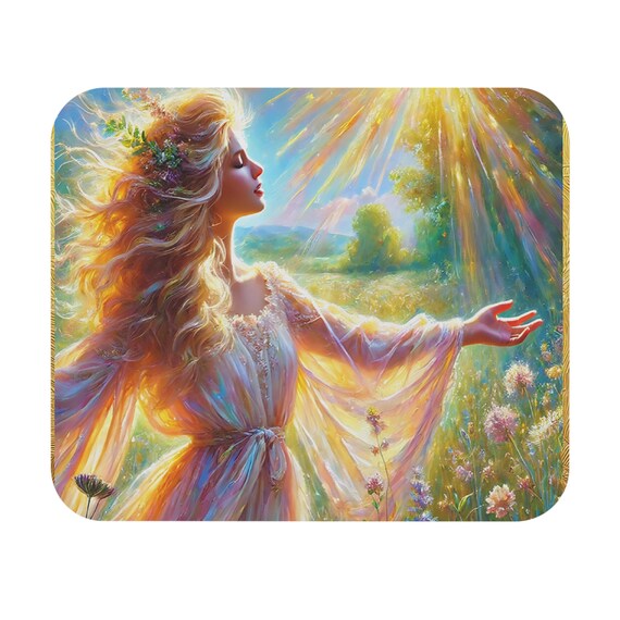 Sunlit Maiden Illustration Mouse Pad | Flower Meadow, Radiant Light