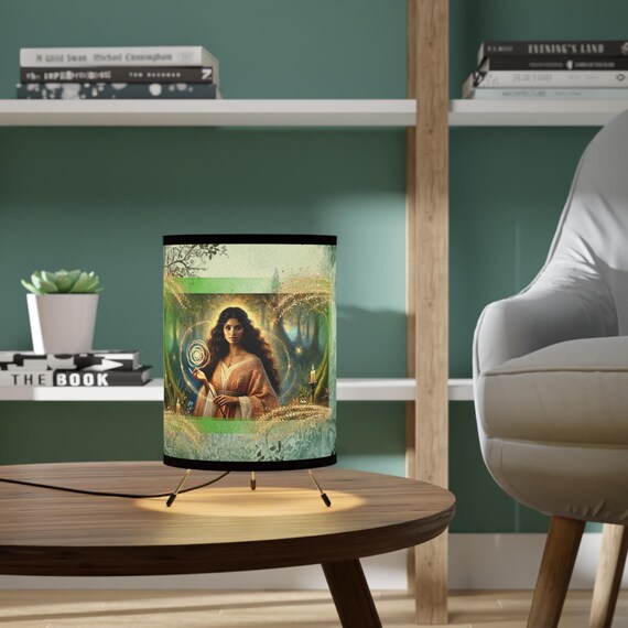 Mystic Woman Canvas Table Lamp: Ethereal Forest Illuminated Art