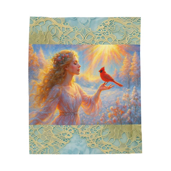 Woman and Cardinal Bird Velveteen Plush Throw Blanket