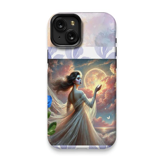 iPhone 15 Glossy Case: Enchanting Woman, Moon Fantasy Art