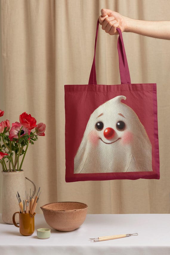 Cute Ghost Tote Bag with Funny Poem – Whimsical Red Nose Ghost Canvas Bag for Halloween, Book Lovers, and Spooky Season Style
