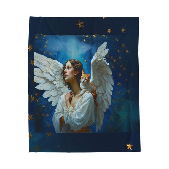 Angel and Cat Plush Blanket - Cozy Velveteen Throw