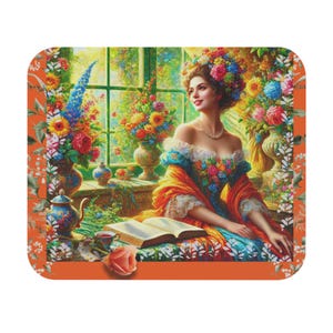 May include: A decorative coaster featuring a vibrant illustration of a woman in a floral dress, seated near a window with colorful flowers. The coaster has an orange border with floral accents, and a rose and open book are in the foreground.