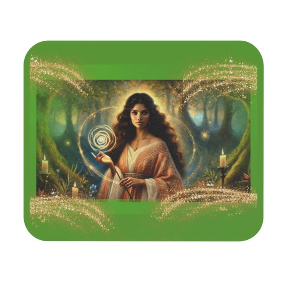 Mystic Forest Sorceress Mouse Pad | Fantasy Magic Woman, Enchanted Woodland