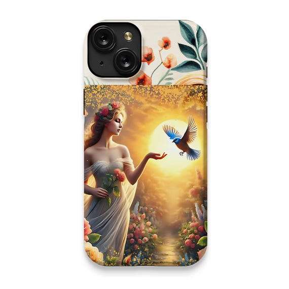 Sunset Fantasy iPhone 15 Plus Case: Woman, Bird & Floral Art