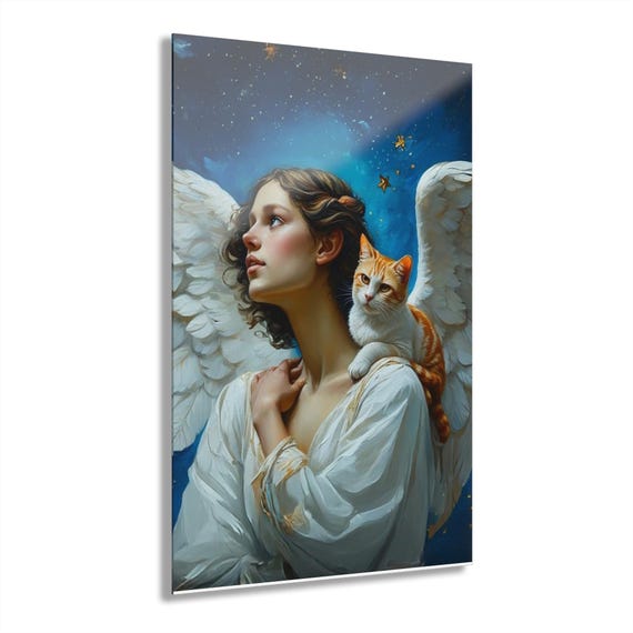 Acrylic Prints, Celestial Cat and Angel Wall Art, French Cleat Hanging, Home Decor, Spiritual Gift, Cat Lover Gift, Guardian Angel, Nursery