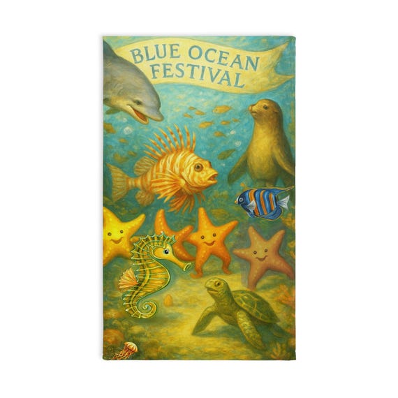 Blue Ocean Festival Hand Towel, Bathroom Decor Towel, Nautical Theme Kitchen Towel, Coastal Housewarming Gift, Ocean Lovers Hostess