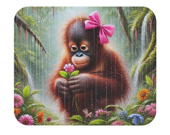Alfombrilla de ratón con orangután y lazo rosa / Lindo bebé del bosque sosteniendo una flor