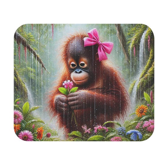 Orangutan with Pink Bow Mouse Pad | Cute Forest Baby Holding Flower
