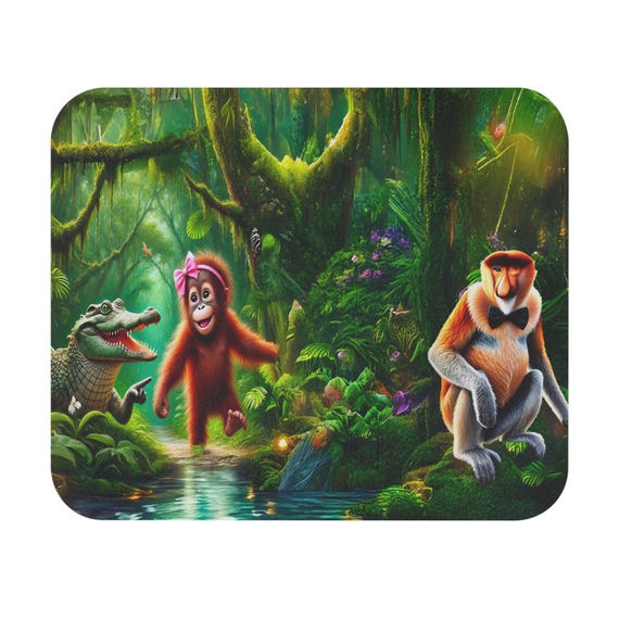 Jungle Animals Scene Mouse Pad | Forest Monkey Crocodile Design