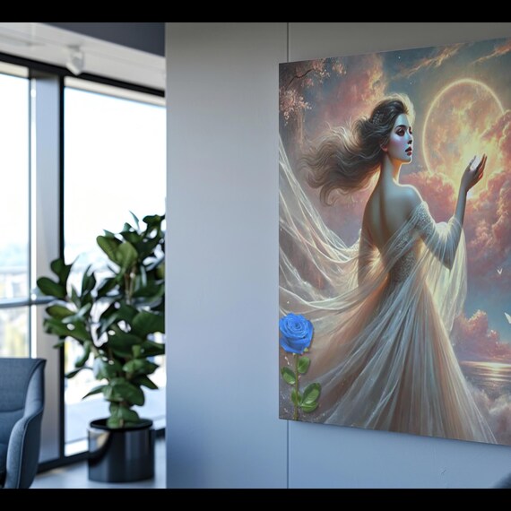 Ethereal Fantasy Woman Canvas Art: Mystical Sunset Ocean Scene