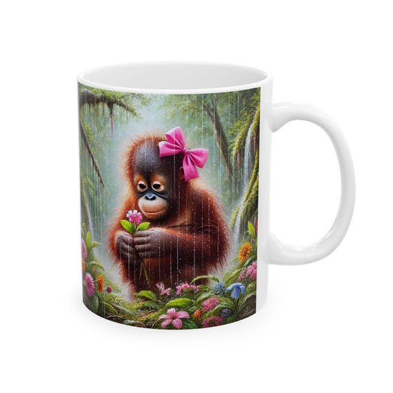 Ceramic Mug, Baby Orangutan Floral Coffee Cup, Jungle Animal Tea Mug, Cute Monkey Drinkware, Birthday Gift for Wildlife Lovers, Kitchen