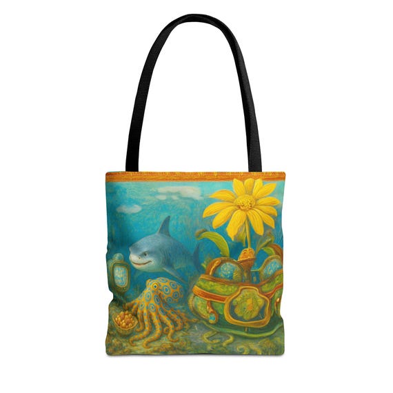 Unlikely Friends Tote Bag: Shark, Octopus, Sunflower Design