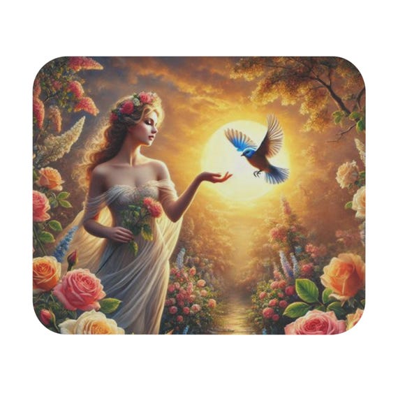 Goddess in a Rose Garden Mouse Pad | Sunrise Bird Fantasy