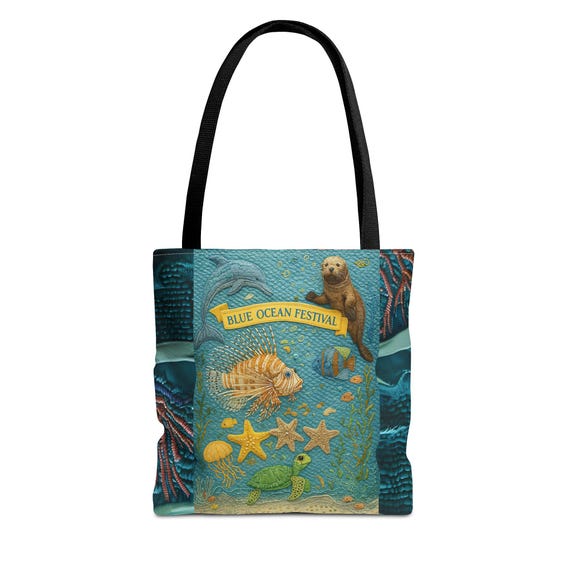 Ocean Life Polyester Tote Bag: Blue Ocean Festival Design