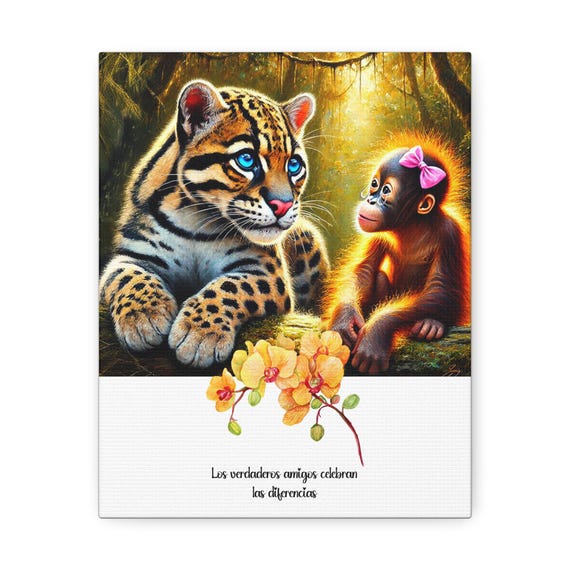 Jungle Friends Stretched Canvas Print: Ocelot & Monkey Art