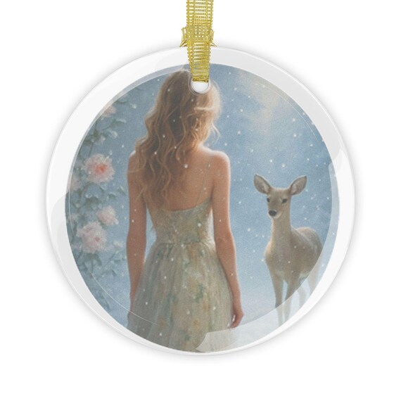 Winter Wonderland Glass Ornament: Girl and Deer Holiday Decor
