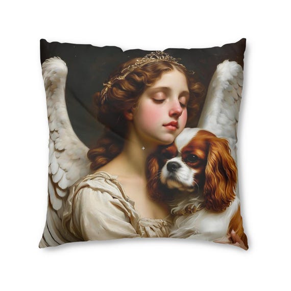 Angel & Dog Pillow: Vintage Style Square Floor Cushion