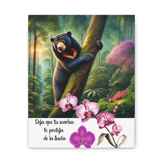 Jungle Bear Stretched Canvas Print: Floral Rainforest Art