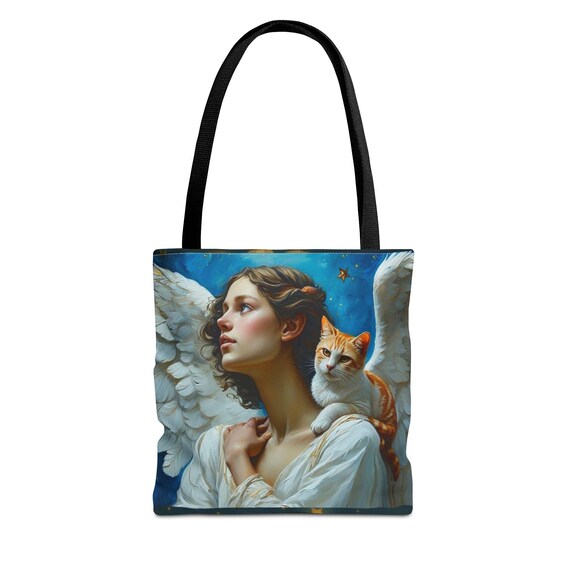 Angel with Cat Tote Bag | Orange Tabby Cat Stars All-Over Print