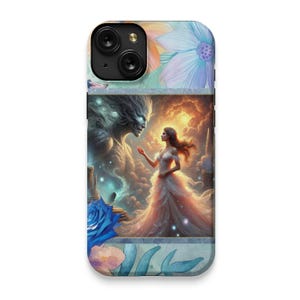 Custodia per iPhone 15+ con motivo Fantasy Art, donna eterea e bestia mistica, cover protettiva per telefono, illustrazione digitale unica