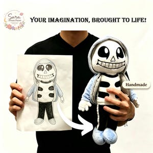 May include: A plush skeleton character toy wearing a light blue hooded jacket, black trousers with white side stripes, and light blue shoes. The toy is displayed alongside a hand-drawn sketch of the same character, featuring the text "Handmade".