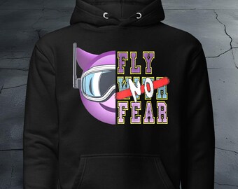 May include: Black hoodie with a purple cartoon character wearing ski goggles and the text "FLY WITH NO FEAR".