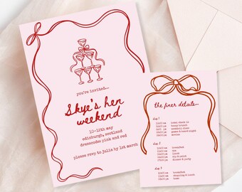 Puede incluir: Tarjeta de invitación rosa con diseño de lazo rojo y texto. La tarjeta dice "Skye's hen weekend" con detalles del evento. Una tarjeta más pequeña con un diseño de lazo enumera el programa del evento. El tema es una despedida de soltera.