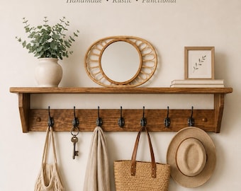 Rustic Wood Shelf with Metal Hooks | Farmhouse Wall Shelf