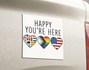 Happy You're Here Car Magnets, Rainbow Heart Designs, LGBTQ+ Car Decor, Unique Vehicle Accessories, Affirmation Magnet Gifts