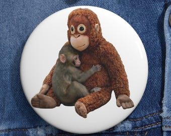 Cute Monkey Hugging Plush Toy Pin Button, Kawaii Monkey Badge, Animal Lover Pin, Cute Monkey Gift, Jungle Animal Button